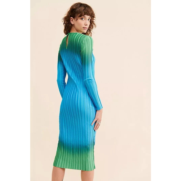Arthur Apparel Box Pleat Midi Dress Long Sleeve Ombre Green Blue 8 - Picture 2 of 6